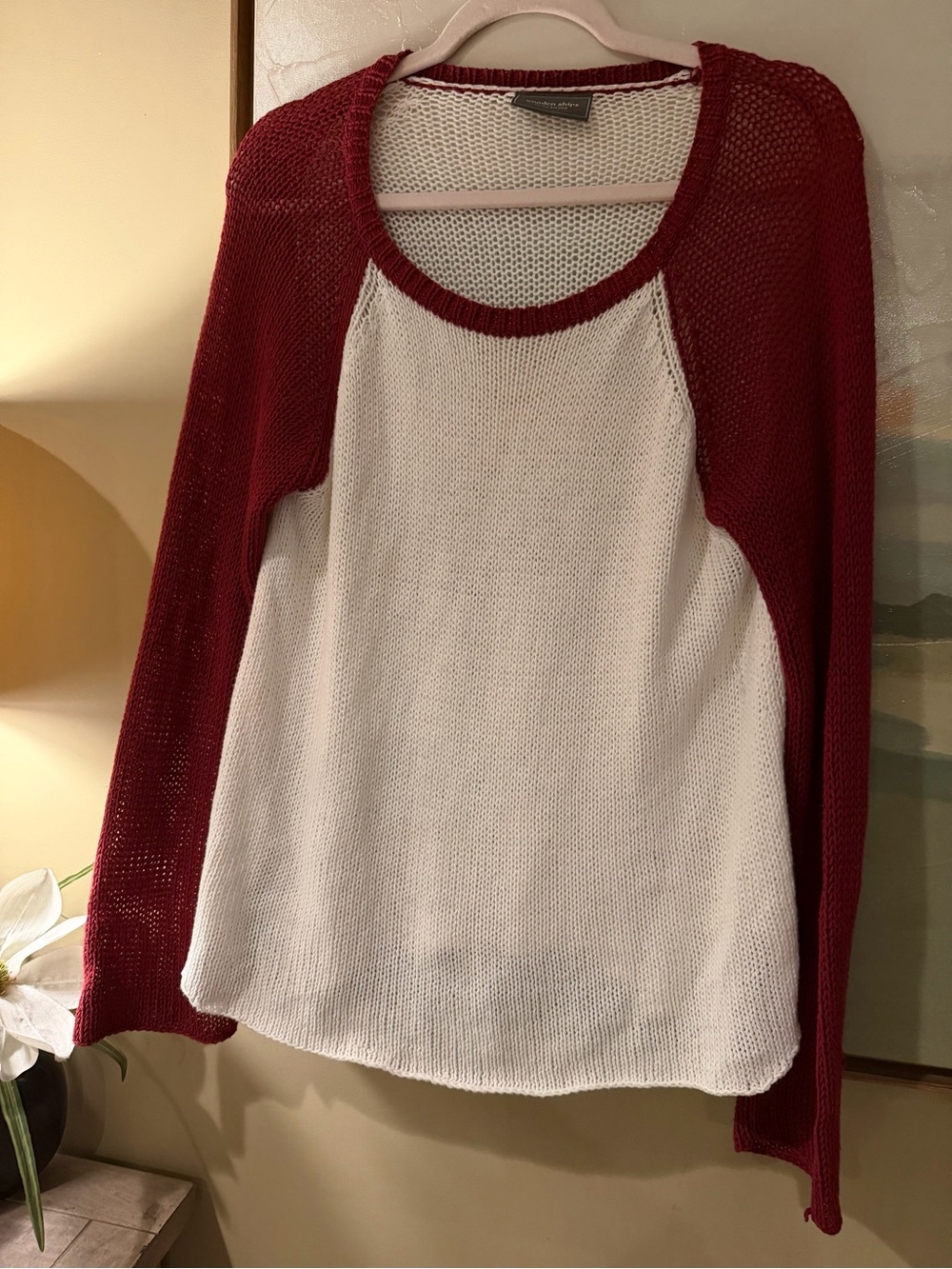 Wooden Ships Red and White Open-Knit Raglan Scoop Neck Sweater